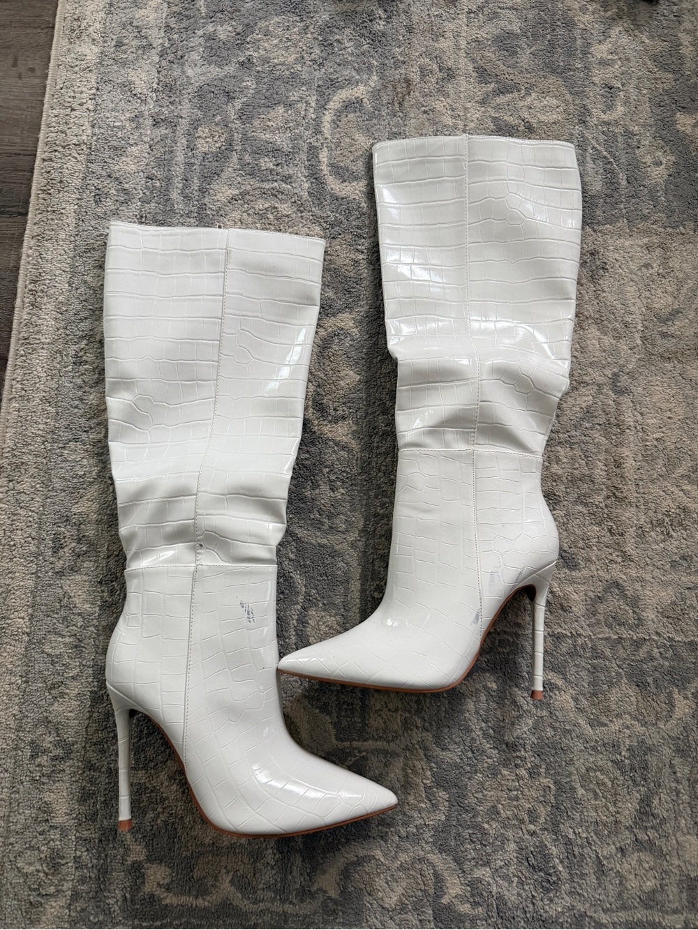 Faux White Croc-Embossed Pointed-Toe Knee Boots